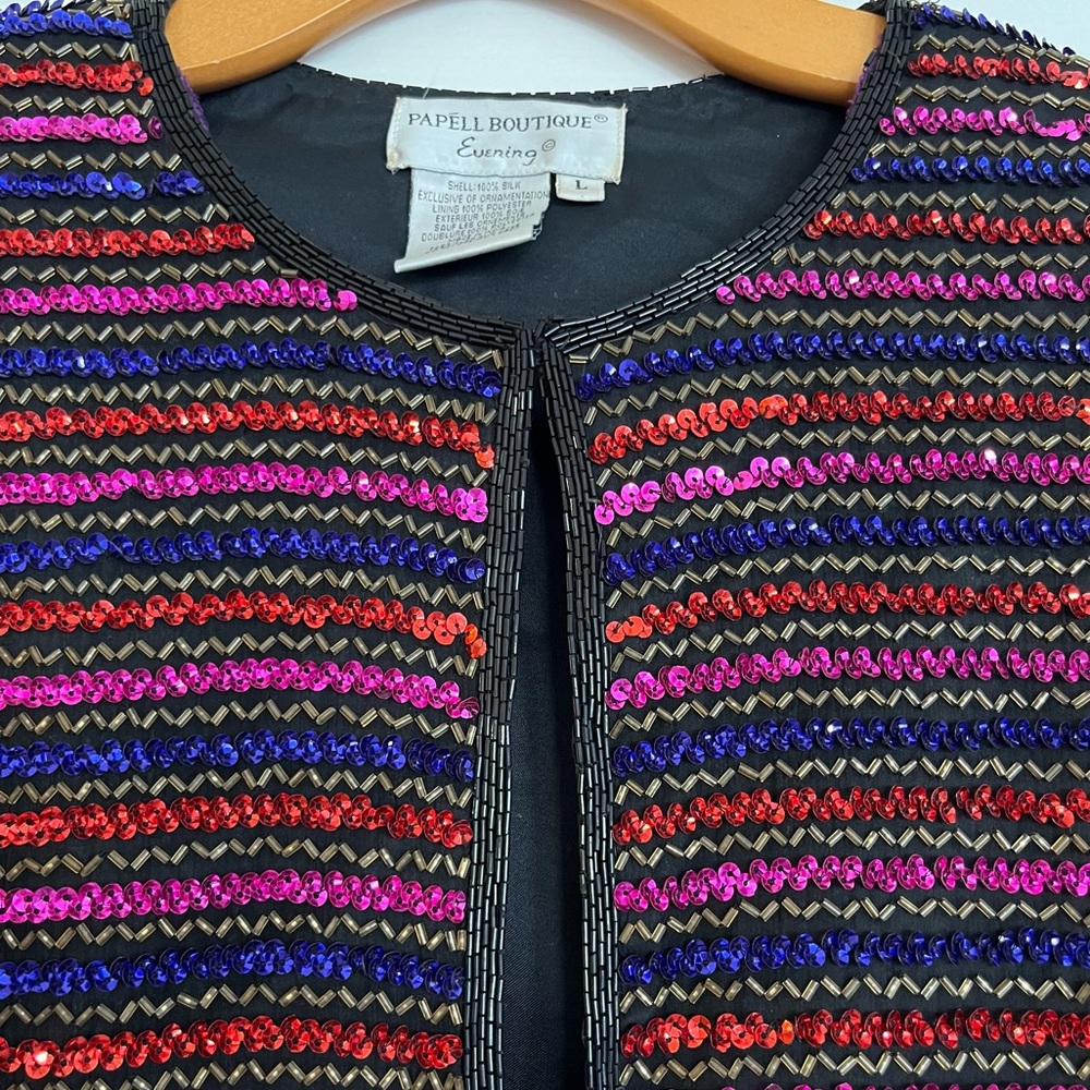 Vintage Papell Boutique Evening 100% Silk Pink Purple Red Sequin Jacket in Large